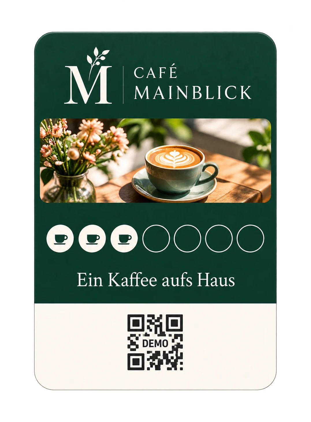 Designbeispiel Café Mainblick: grüne Treuekarte mit Kaffee-Belohnung