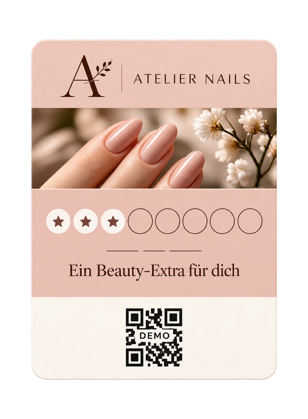Designbeispiel Atelier Nails: rosafarbene Treuekarte