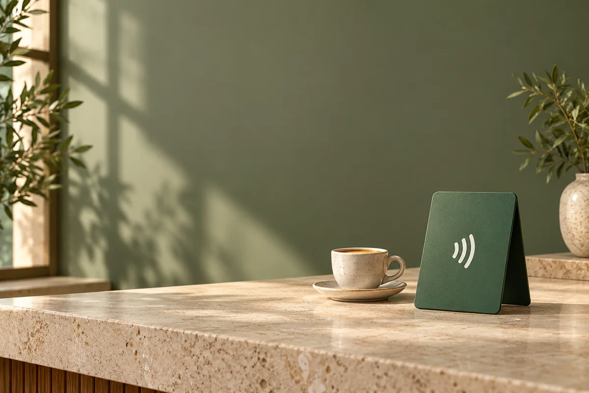 Ein schlichter NFC-Aufsteller auf einem hellen Tresen